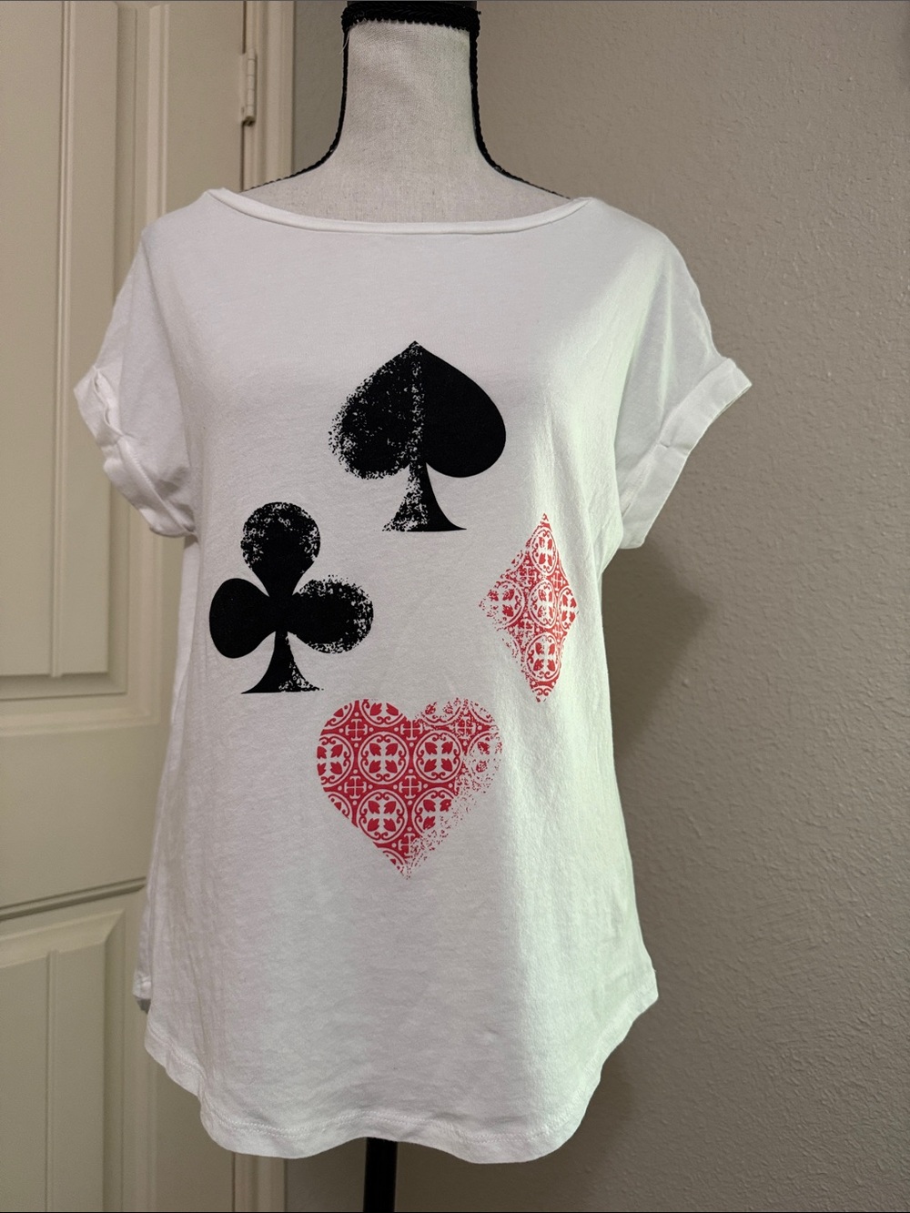 Women's White Short Sleeve Tee with Card Suit Motif